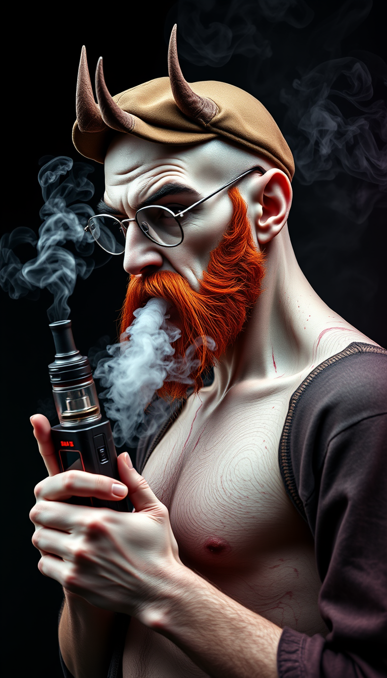 Three-quarter view of a sinister, bald human male with necromancer lich features. Demonic horns, short fiery ginger beard contrasts with dark eyebrows. Wears a weathered flat cap and aviator glasses. Clutches a sleek vape mod, exhaling dense, swirling vapor clouds. Vibrant e-liquid drips off his pale skin, creating a colorful aura. - Image