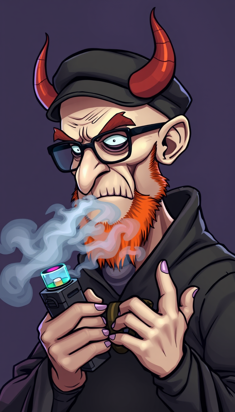 Three-quarter view of a sinister, bald cartoon human male with necromancer lich features. Demonic horns, short fiery ginger beard contrasts with dark eyebrows. Wears a weathered flat cap and aviator glasses. Clutches a sleek vape mod, exhaling dense, swirling vapor clouds. Vibrant e-liquid drips off his pale skin, creating a colorful aura. - Image