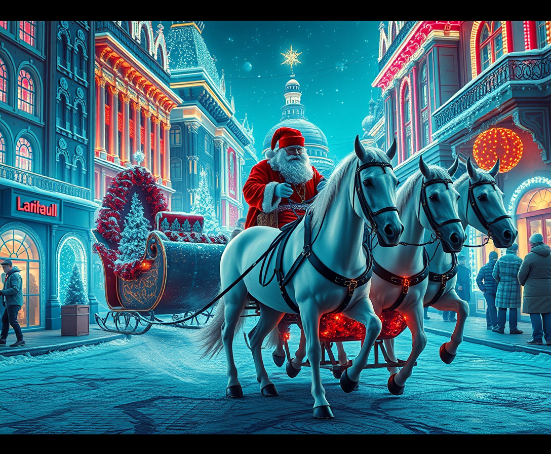 (art by Vladimir Zarubin), (cyberpunk city), Russian Snow Grandfather riding a festive sleigh, pulled by three (elegant) white horses, vibrant Christmas lights illuminating the streets, futuristic architecture glowing in neon hues, exquisite detailing, a whimsical atmosphere that combines tradition and modernity, high contrast colors, magical and enchanting ambiance, 4K ultra-detailed.