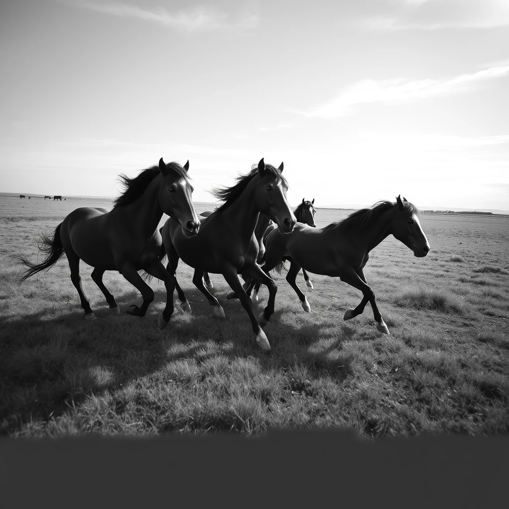 wild horses [DIAGONALLY] galloping through an open field, [TOP-DOWN VIEW] monochrome