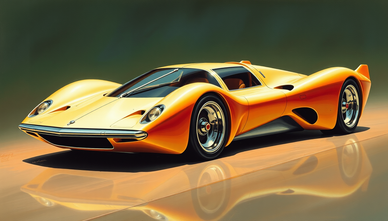 A futuristic exotic car concept, a painting by Syd Mead, 4k, detailed, circa 1970. - Image