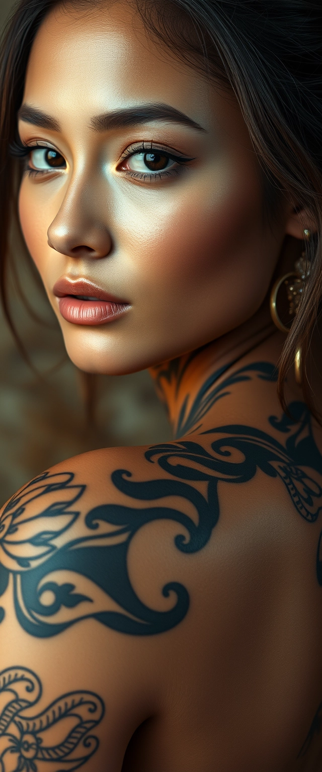 Close-up shot of a fair-skinned, beautiful Indian-Korean woman with stunning body features, realistic skin, and a perfect body, heavily tattooed all over.