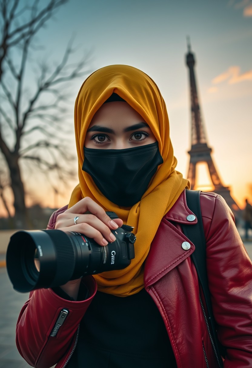 Biggest hijab yellow Muslim girl, beautiful eyes, face mask black, red leather jacket, black biggest skirt, holding DSLR CANON camera, sunrise, morning scenery, Eiffel Tower, hyper-realistic, street photography. - Image