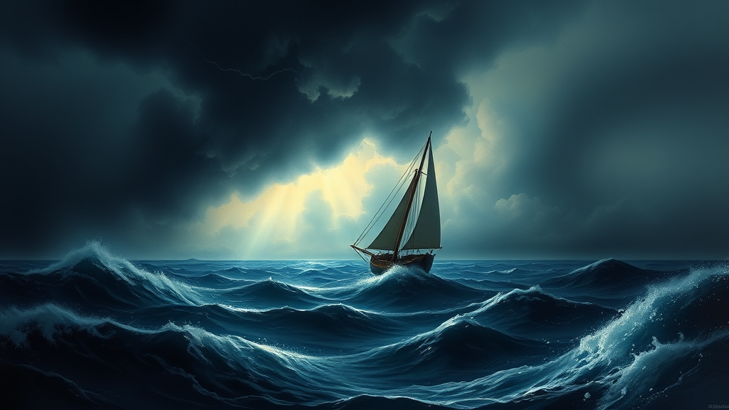 a sailboat in the middle of the ocean with a lightning bolt coming from the, inspired by Ivan Aivazovsky, romanticism, shutterstock, storm at sea, a ship lost in a storm, in a storm, a violent storm at sea, wild ocean storm at night, storm of all storms