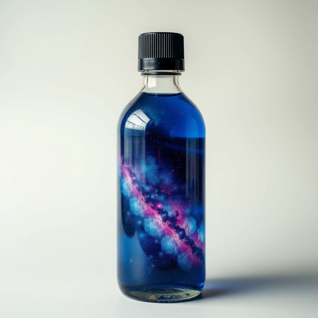 A bottle contains liquid based on the galaxy.