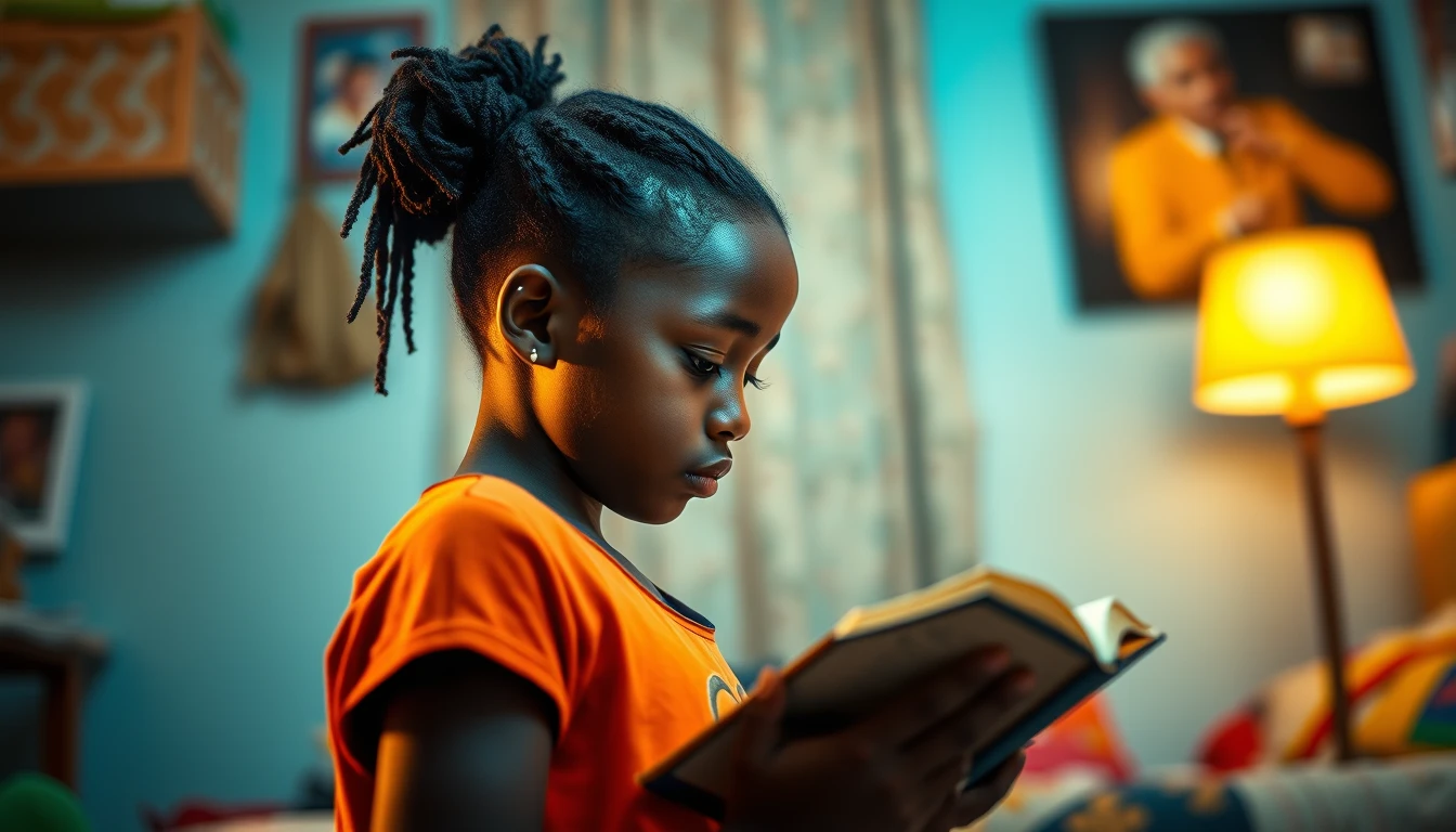 Portrait | shot from the side, Rwandan girl studying the Bible, | glowing ::8 background | light apartment, vivid, blue, green, orange ::7 parameters | rule of thirds, golden ratio, asymmetric composition, hyper-maximalist, photorealism, cinematic realism, unreal engine, 8k ::7 --ar 16:9 --s 1000 - Image