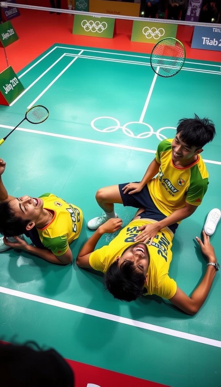 Taiwanese men's badminton doubles Olympic players, at the moment of victory on the court, one is kneeling on the ground, while the other is happily lying on the ground, captured from a bird's-eye view, wearing yellow jerseys. - Image