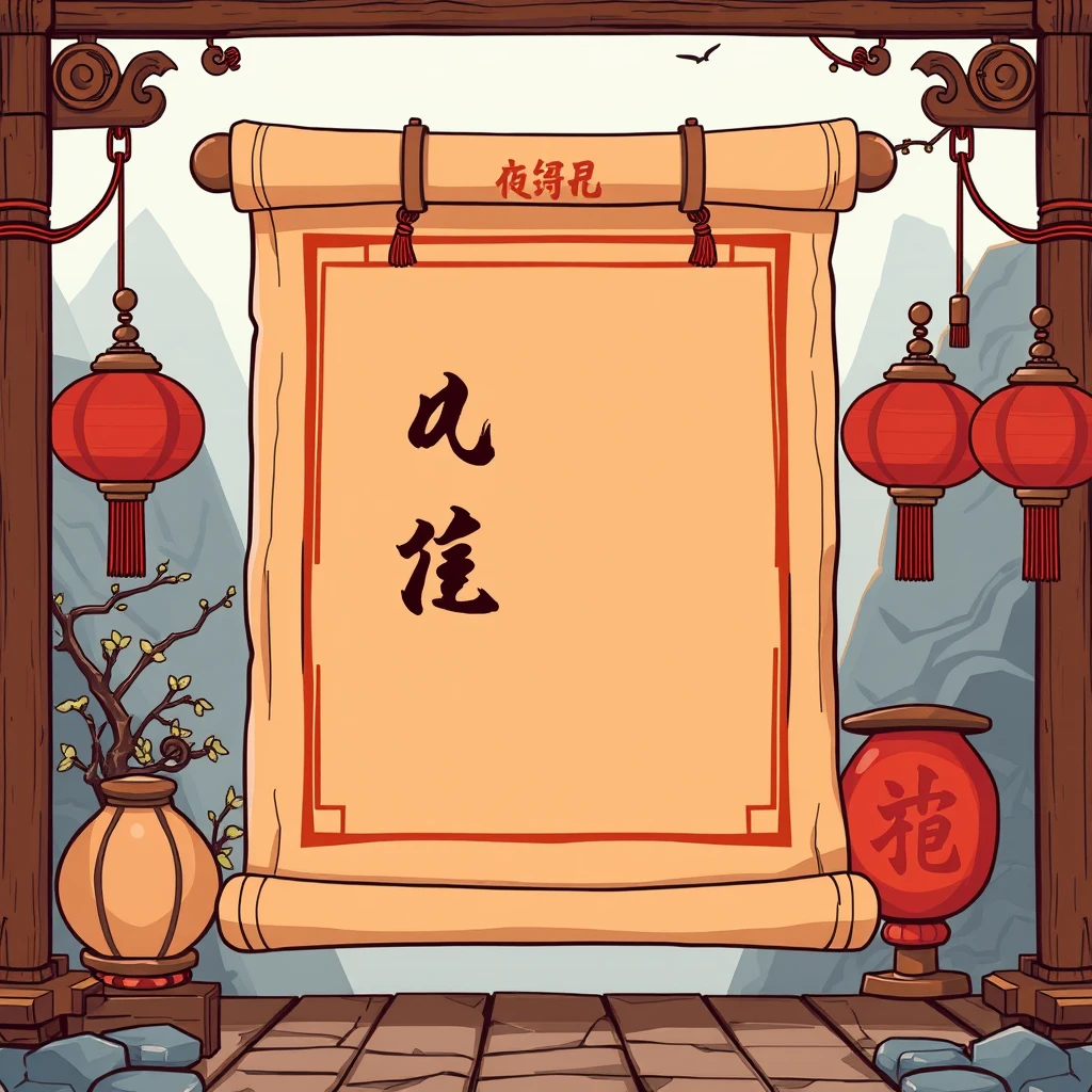 A Chinese style game cartoon frame with an ancient painting scroll and wooden signboard, creating a strong contrast between warm and cool tones. The image is in high definition, flat comic book style, and features Chinese punk elements.