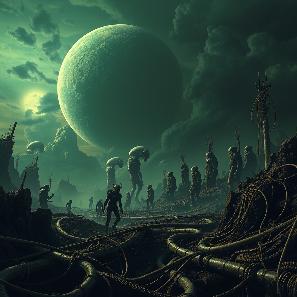 alien sky, horror atmosphere, alien planet landscape, scary creatures silhouettes in the darkness, everything covered in pipes and wires around, very detailed landscape - Image