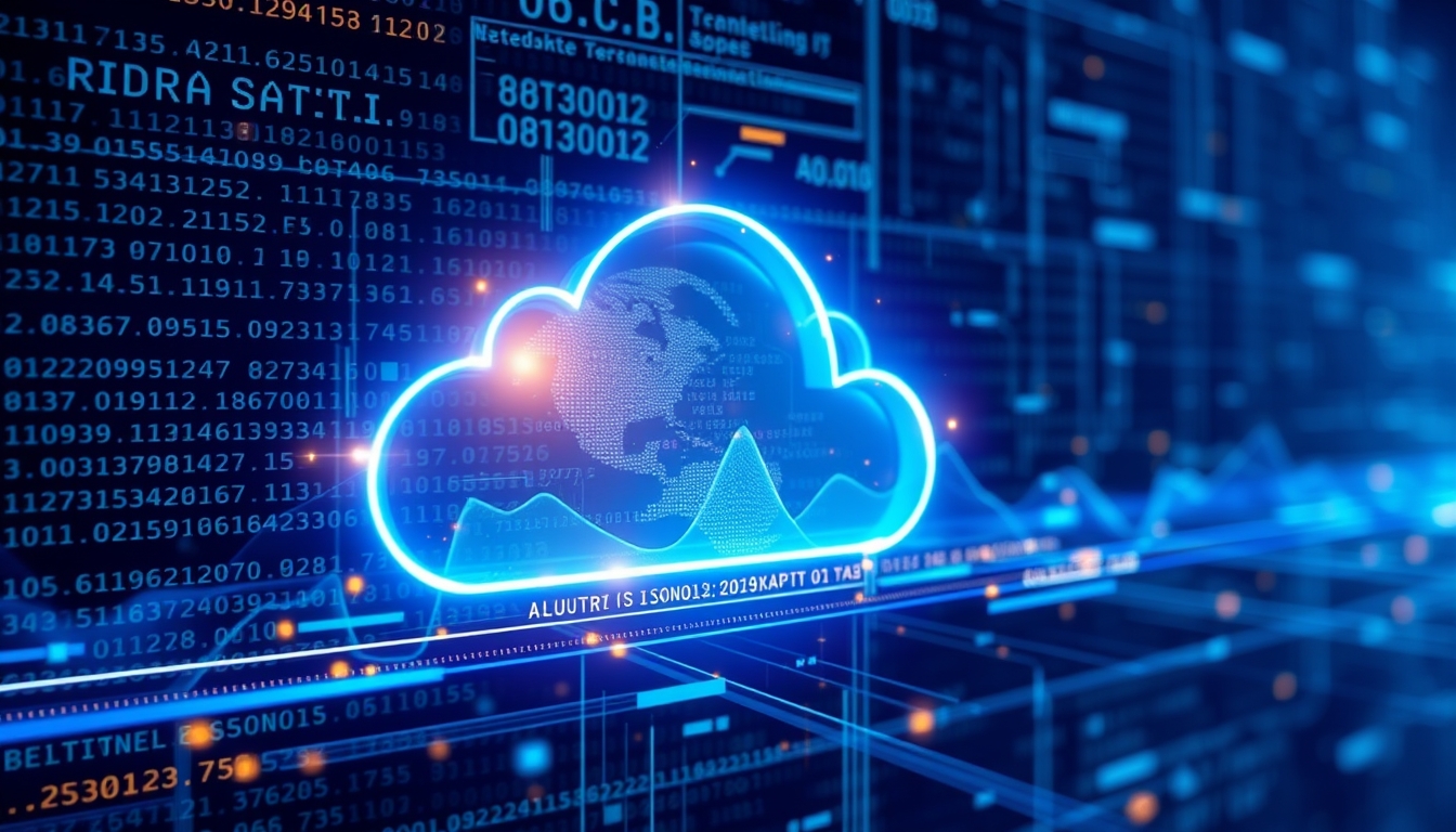 Futuristic digital technology web interface with holographic cloud icon, blue and golden light digits, and code background, abstract motion of data flow and cloud computing concept.