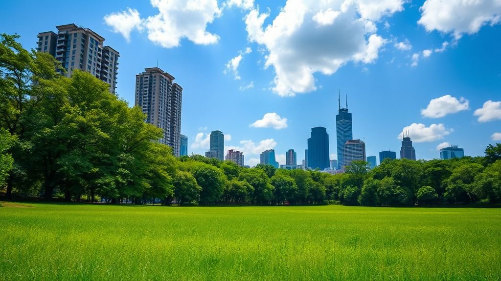 a green grassy field with tall buildings in the background and clouds in the sky, Jung Park, shutterstock, grass field surrounding the city, sunny park background, park background, blue sky and green grassland, green spaces, park landscape, forest setting with skyscrapers - Image