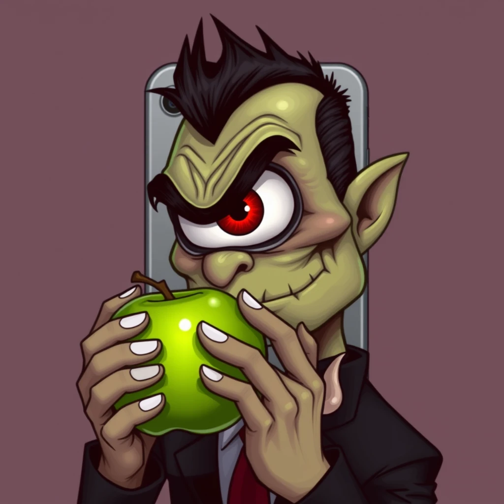 A one-eyed villain eats a green apple against the backdrop of an iPhone. - Image