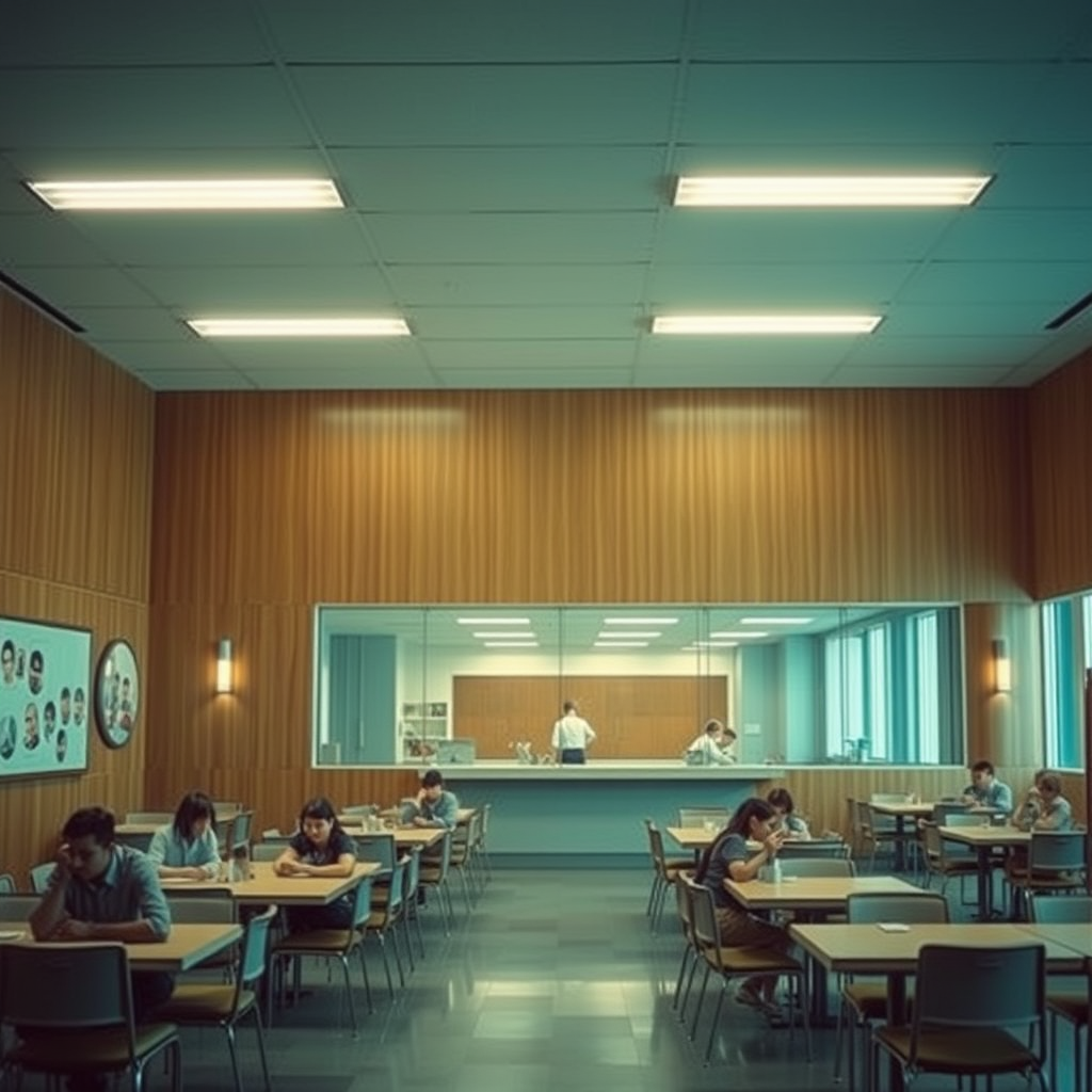 interior, company cafeteria, modern, wood panel, movie scene