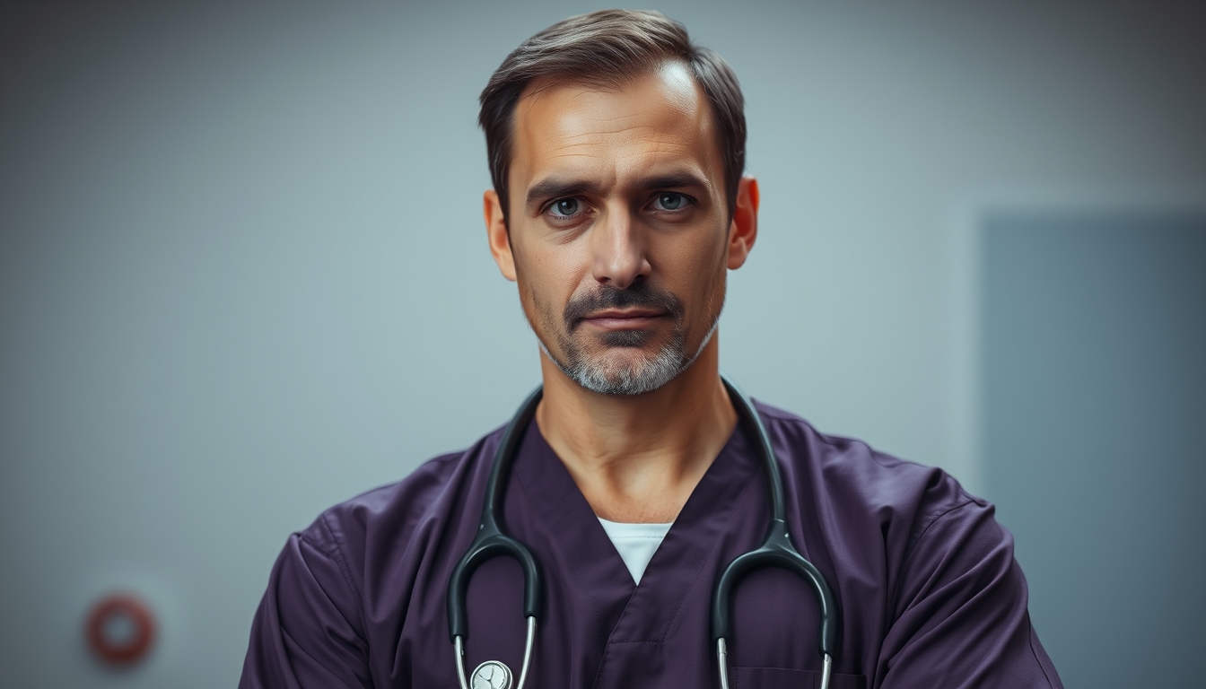 Serious portrait of a doctor in scrubs, looking focused and determined. - Image