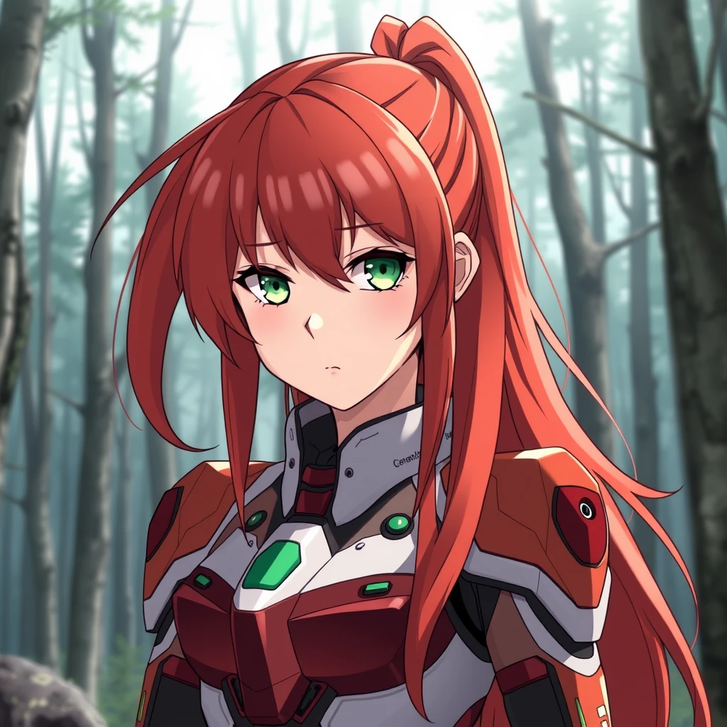 Red-haired girl in the forest, green eyes, long hair, ponytail, calm and serious, mecha suit, in the style of Conrad Roset, Honkai Star Rail, Yoneyama Mai.