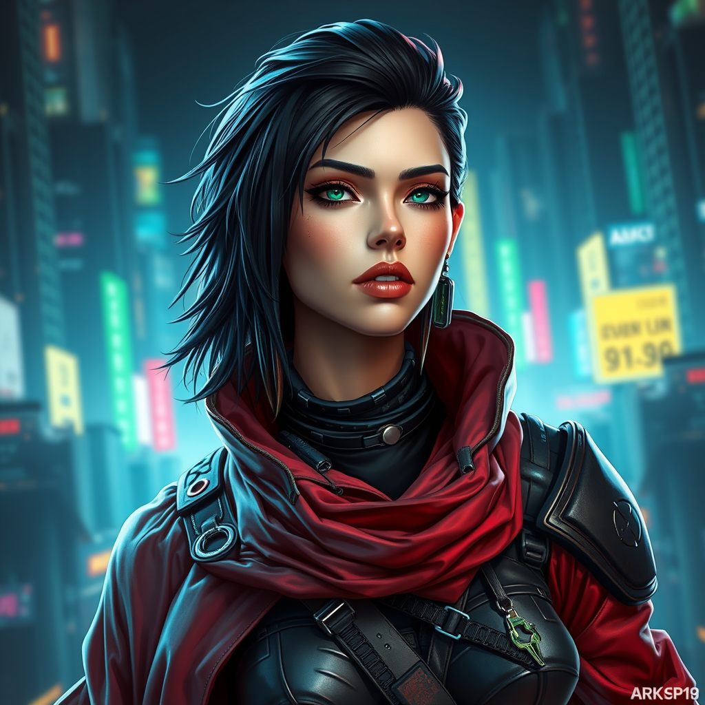 Cyber style of women warrior with rugged black hair and cybernetic implants | merging leather garments with futuristic cyberpunk elements | flowing robes and high-tech armor plating | dystopian cityscape background | in deep blue and neon green. hyper-real , 8k , AR , cute face style, no up. - Image