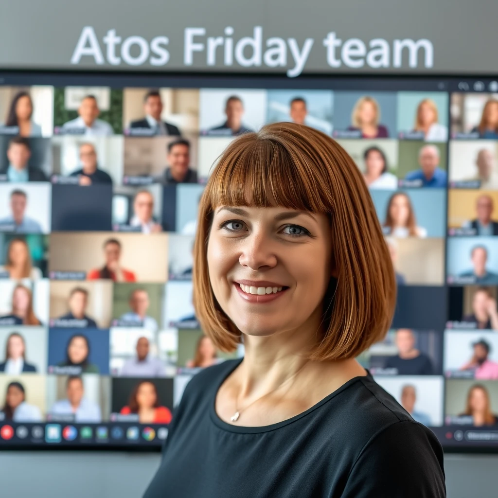 Woman with brown bobbed hair standing in front of a large screen that displays lots of people on a Microsoft Teams call. The heading says "Atos Friday team."