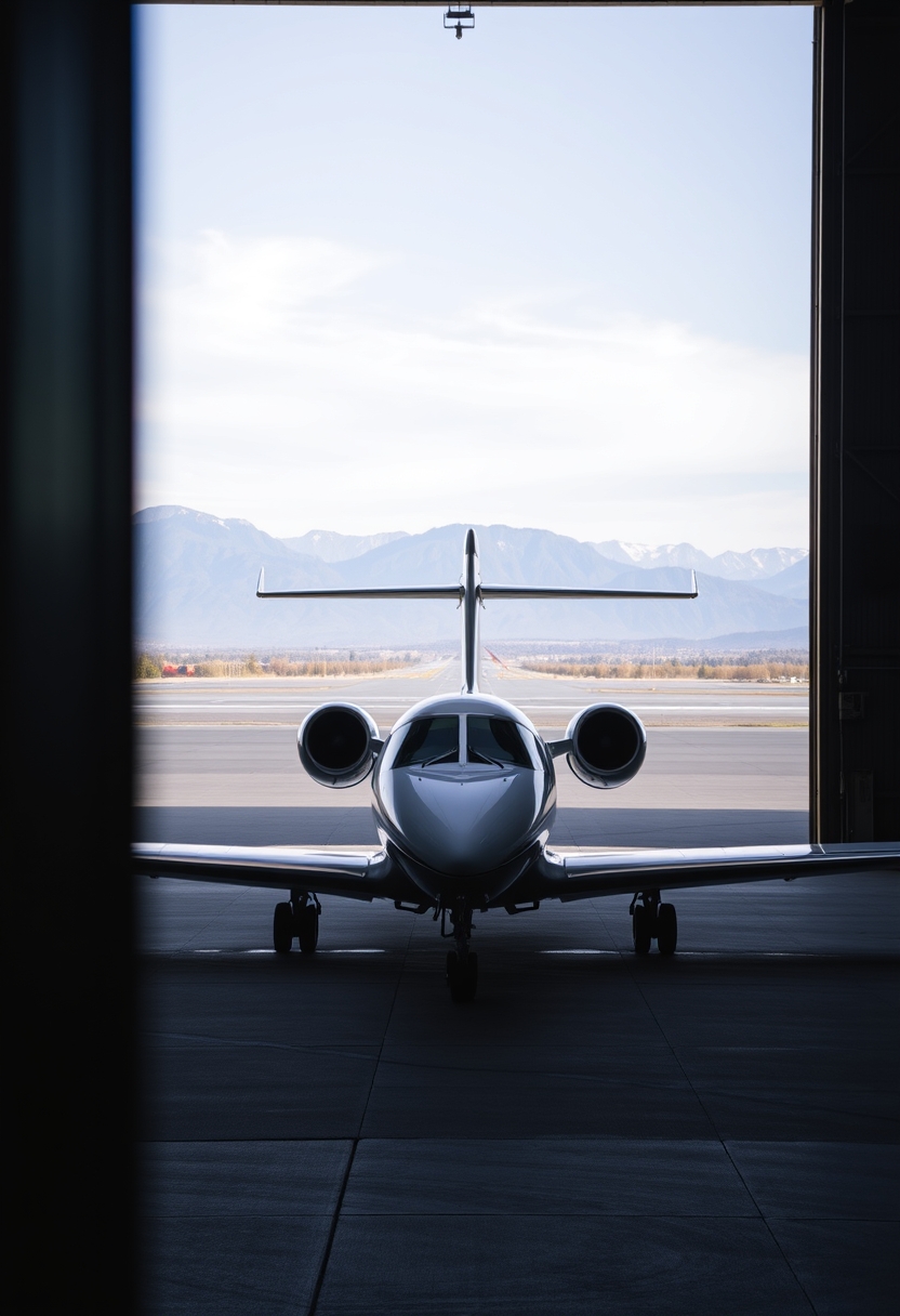 Private jet parked inside a hangar with a view of the runway and mountains in the distance.