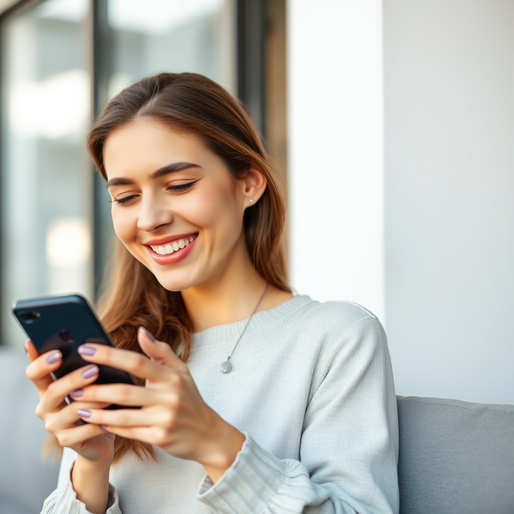 A woman is playing on her mobile phone, smiling and feeling happy.