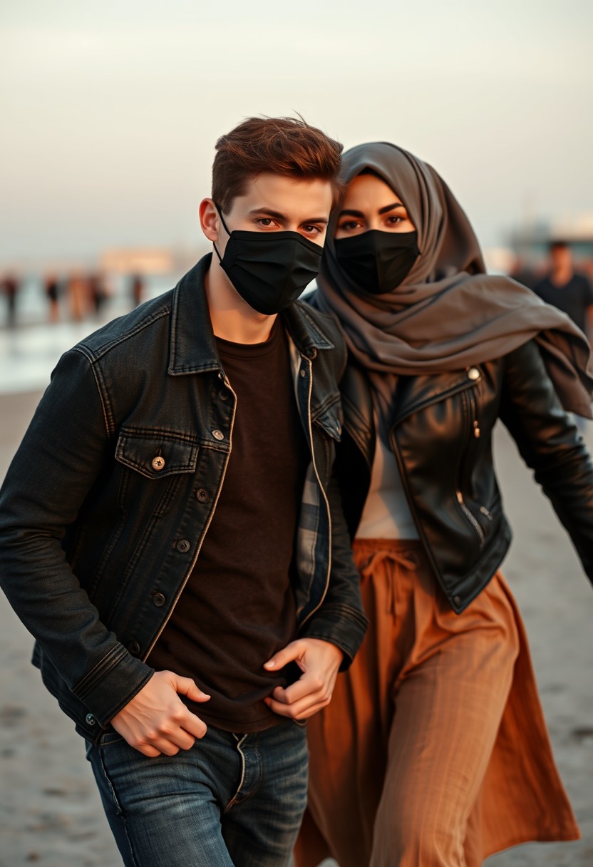 Jamie Dornan's head and body shot, handsome, face mask black, jeans jacket, jeans, dating, love couple, with the biggest grey hijab Muslim girl, face mask black, beautiful eyes, black leather jacket, biggest skirt, running happy together at the beach, hyper realistic, street photography.