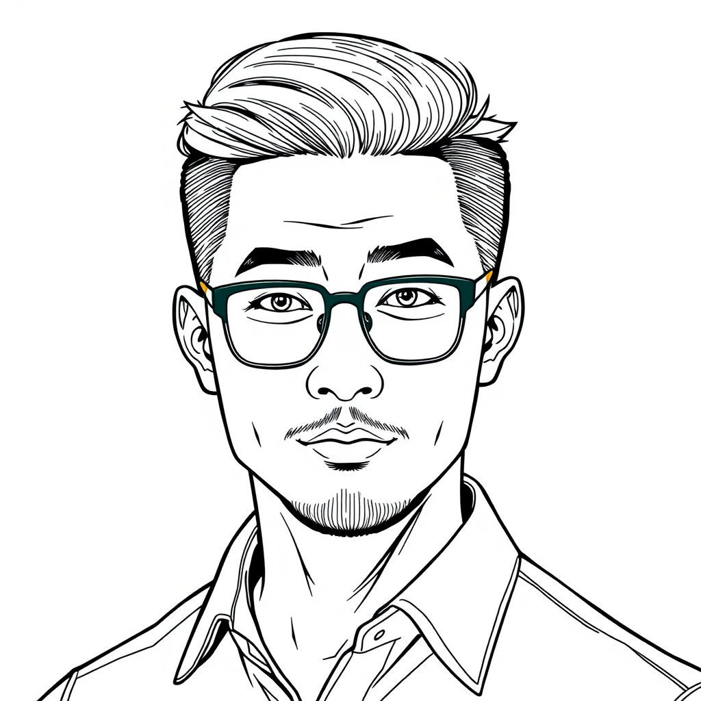 Line drawing of a handsome Chinese male headshot around 35 years old, with a tidy and neat crew cut hairstyle and a strong, sturdy build. He wears framed reading glasses, and his chin is adorned with a slightly rugged short beard. Dressed in a clean shirt, he exudes a hint of rebellious charm. His face is full, with moderate contour lines, avoiding an overly thin appearance. - Image