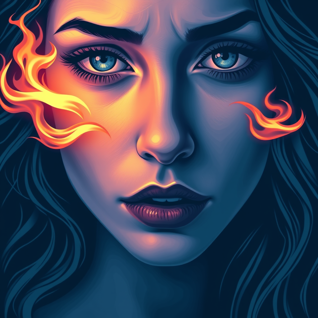 A tee shirt design of a close-up of a woman's face, inspired by the sun. Her expression is deep and soulful, reflecting both passion and sadness. Her eyes are intense and filled with emotion. The color palette is cool, featuring deep blues and purples, with a hint of warmth in her eyes. Whipping flames accent her face, blending seamlessly into the background, creating a contrast between the cool and warm tones. The overall feel is a harmonious blend of passion and melancholy, embodying the soulful essence of the sun. Transparent background. - Image