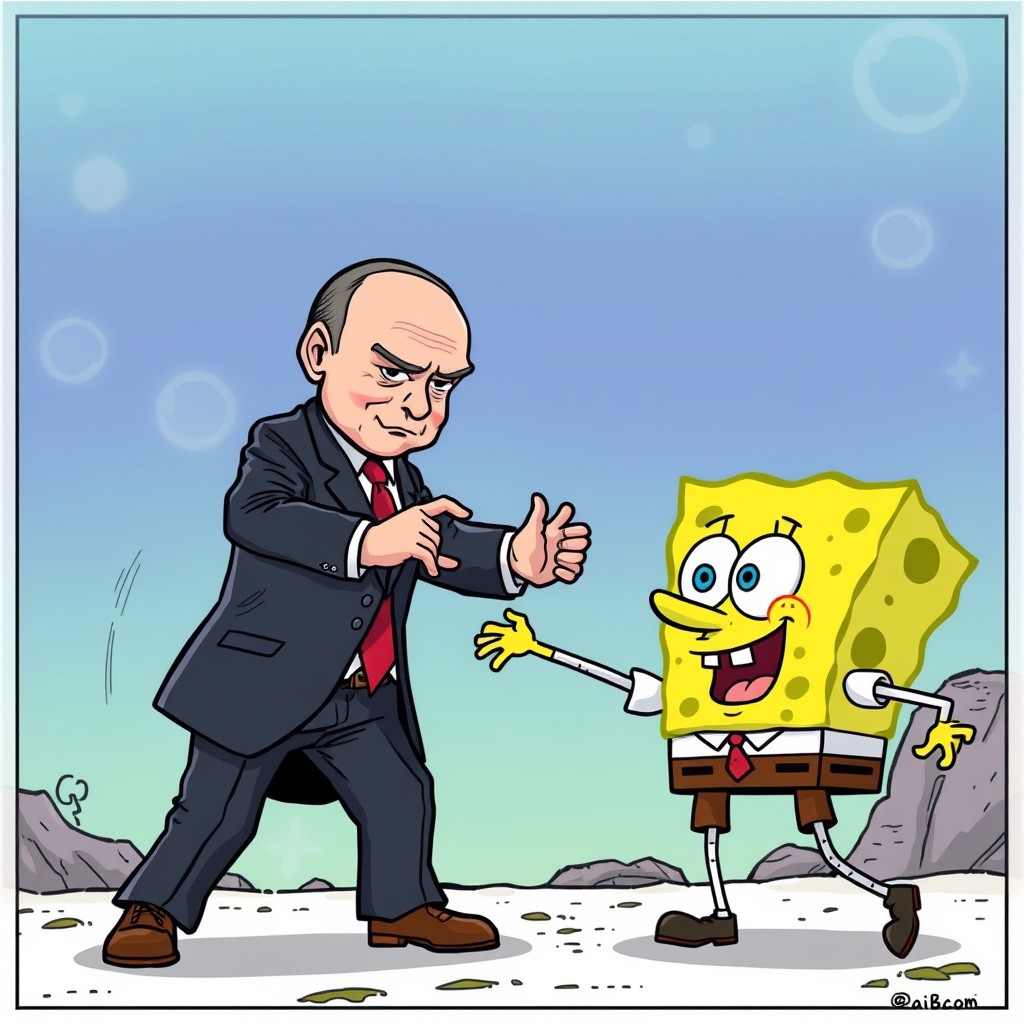 President Putin as the main antagonist in a manga fighting the protagonist, SpongeBob. - Image