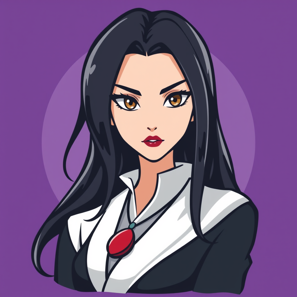 A basic simple vector logo of a beautiful female character with hazel brown eyes, long, dark black hair, wearing a black and white outfit with a red pendant necklace, and a serious face with red lipstick, on a purple background. - Image