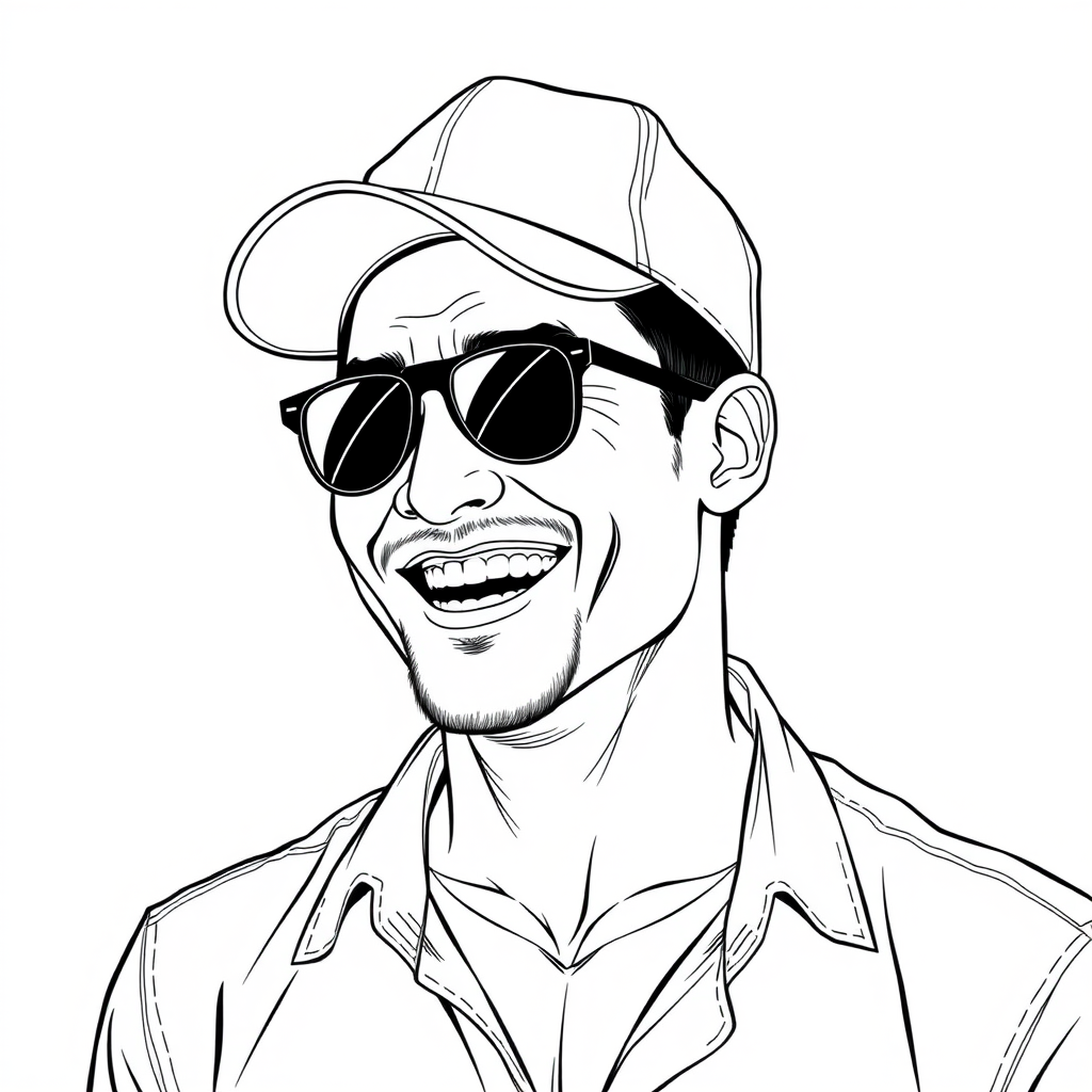 A cool black-and-white line drawing of a man in his mid-30s, wearing a baseball cap, Asian, with black aviator sunglasses, a bit of stubble, a tough guy, in a shirt, with a full, defined face, a sturdy physique, clean and fresh skin, happily laughing heartily after winning.