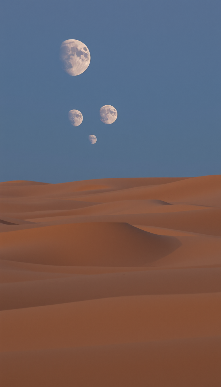 A desert sand dune landscape with multiple moons during the new moon, waxing crescent, first quarter, waxing gibbous, full moon, waning gibbous, third quarter, and waning crescent phases. - Image