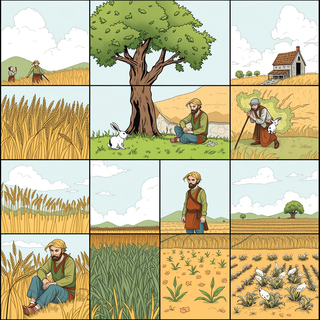 The image style is "cyberpunk," featuring an ancient farmer in a 3x3 grid. The characters in each scene will all use the same farmer, ensuring that the face shape and clothing remain consistent throughout. In the first panel, the farmer is harvesting wheat. In the second panel, the farmer is sitting under a tree, resting, and a rabbit is rushing toward the tree. In the third panel, the farmer is holding a rabbit in his hand. In the fourth panel, the farmer is walking toward a house. In the fifth panel, the farmer sits under the tree. In the sixth panel, the farmer sighs while sitting under the tree. In the seventh panel, the farmer stares blankly at the sky. In the eighth panel, the crops have withered. In the ninth panel, the farmer is planting seeds in the field.