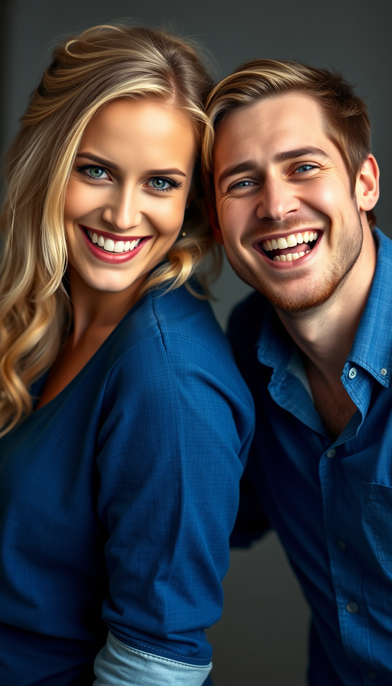 A sexy beautiful woman with green eyes and blonde hair resembling Eva Green, and a man with blue eyes and brown hair wearing a blue shirt, are facing the camera and laughing in a full body shot. - Image