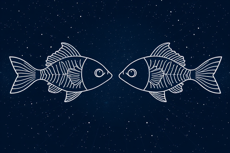 Pisces Zodiac, The Pisces constellation is shown between two fish. - Image