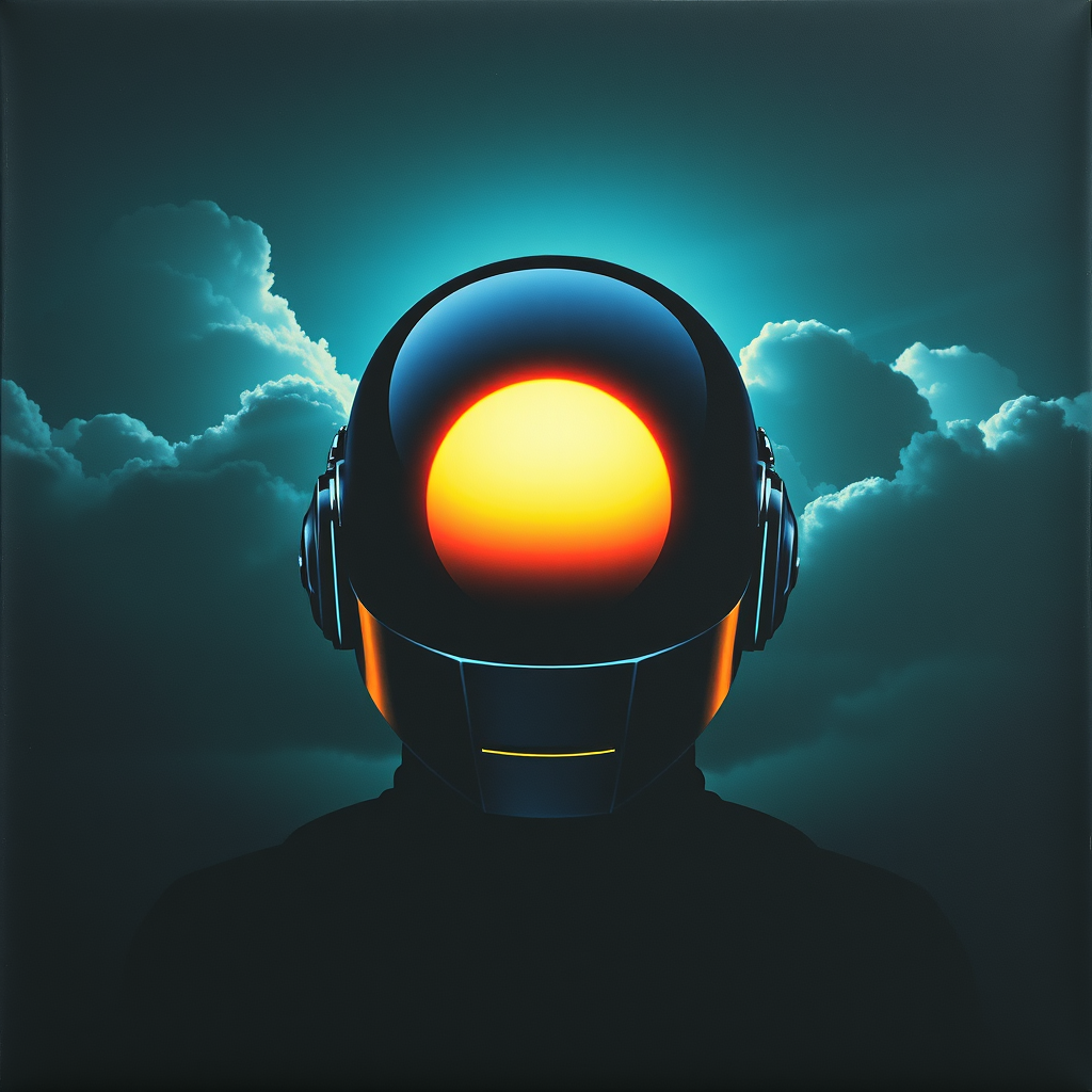 Daft Punk helmet with sun first in the background, then dark grey clouds in the background, outrun color palette, colored album art, black canvas, dark teal, Daft Punk, sinister background, CD cover artwork, helmet.