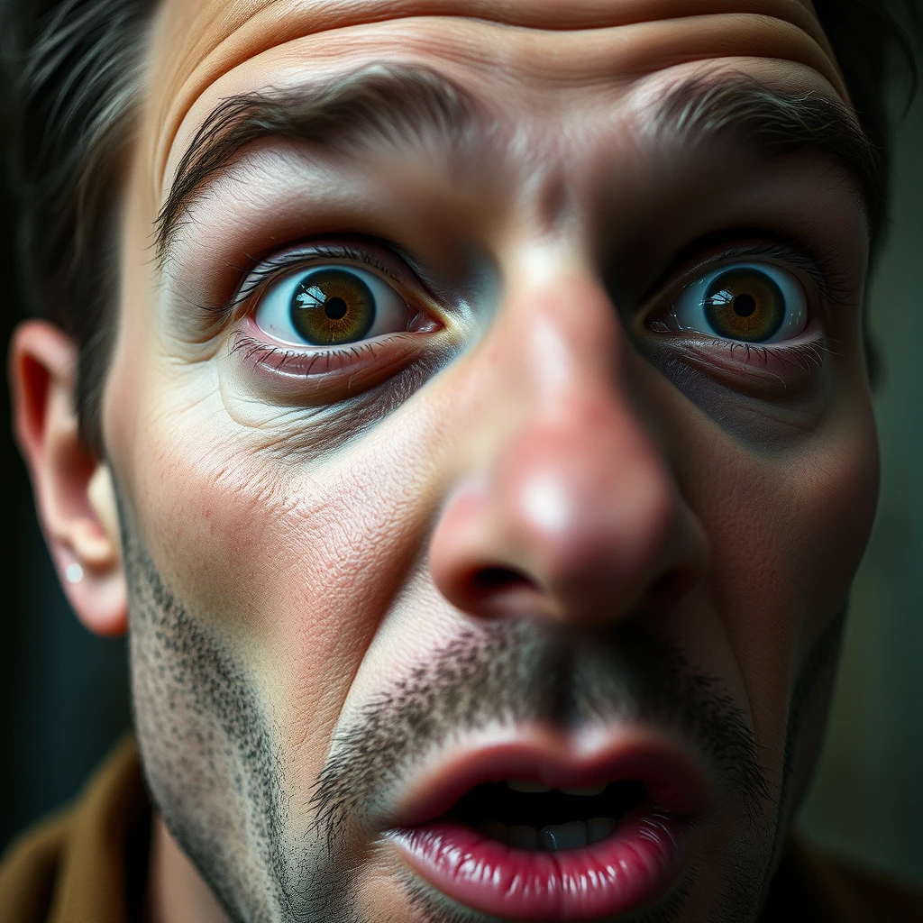 Macro shot of the surprised man's eyes from the side.