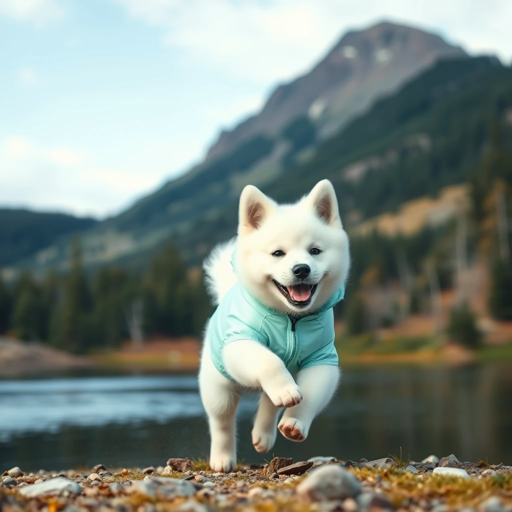 A Korean Jindo dog is running around in the Canadian mountains. There is a mountain in the background and a lake in the front. The puppy is white and is wearing a mint-colored windbreaker.