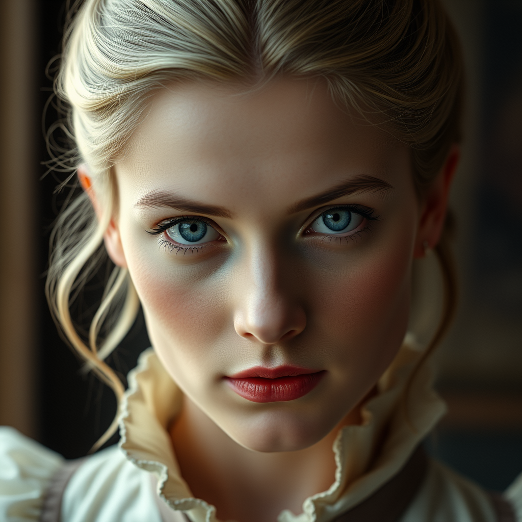 Photorealistic, detailed facial close-up of an elegant young woman from the 1900s Belle Époque. She has a blonde pompadour, pale eyes, and is wearing a high-collared Edwardian cotton blouse. The overall look is romantic and reminiscent of Edith Cushing from Crimson Peak. - Image