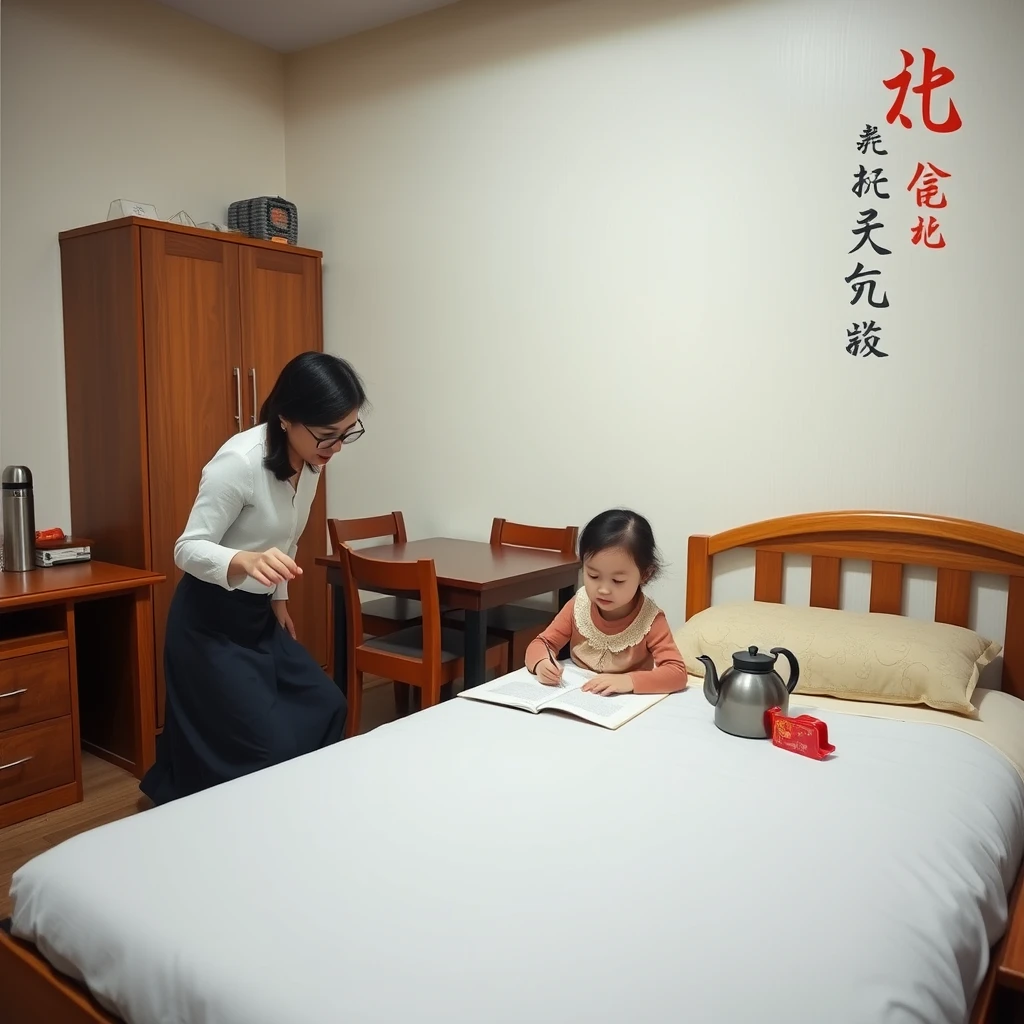 In the room, there is a bed, a table and chairs, a female tutor helping a little girl with her homework, a thermos and a teapot, and Chinese characters.