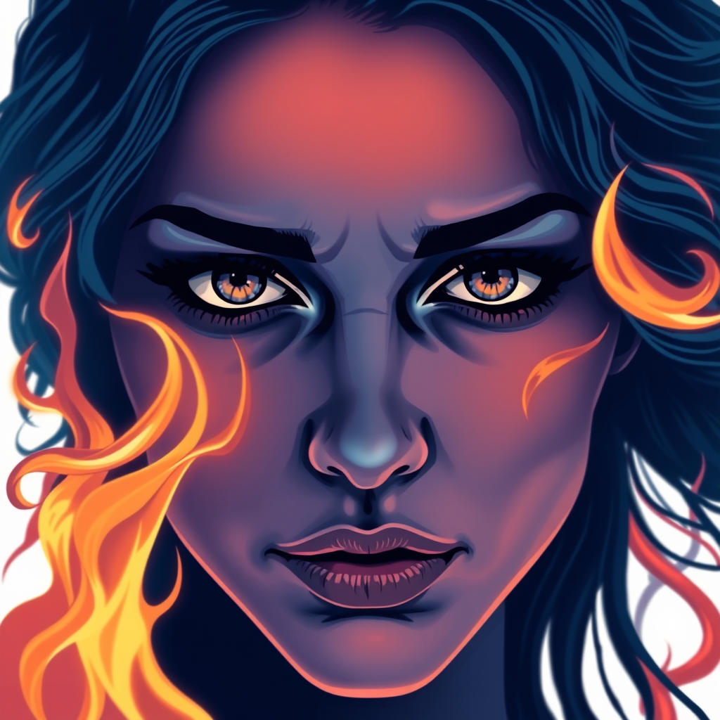 A tee shirt design of a close-up of a woman's face, inspired by the sun. Her expression is deep and soulful, reflecting both passion and sadness. Her eyes are intense and filled with emotion. The color palette is cool, featuring deep blues and purples, with a hint of warmth in her eyes. Whipping flames accent her face, blending seamlessly into the background, creating a contrast between the cool and warm tones. The overall feel is a harmonious blend of passion and melancholy, embodying the soulful essence of the sun. Transparent background.