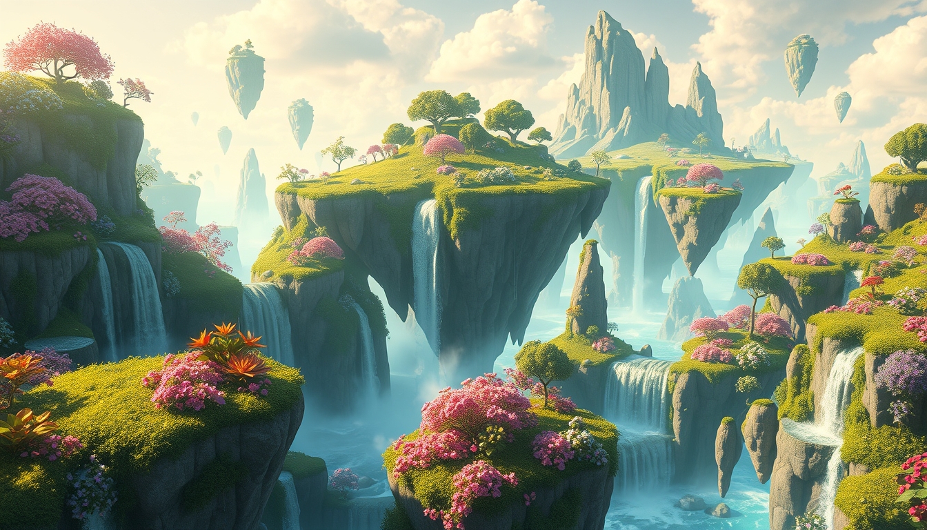 A surreal digital landscape with floating islands, cascading waterfalls, and vibrant flora, creating a dreamlike scene. - Image