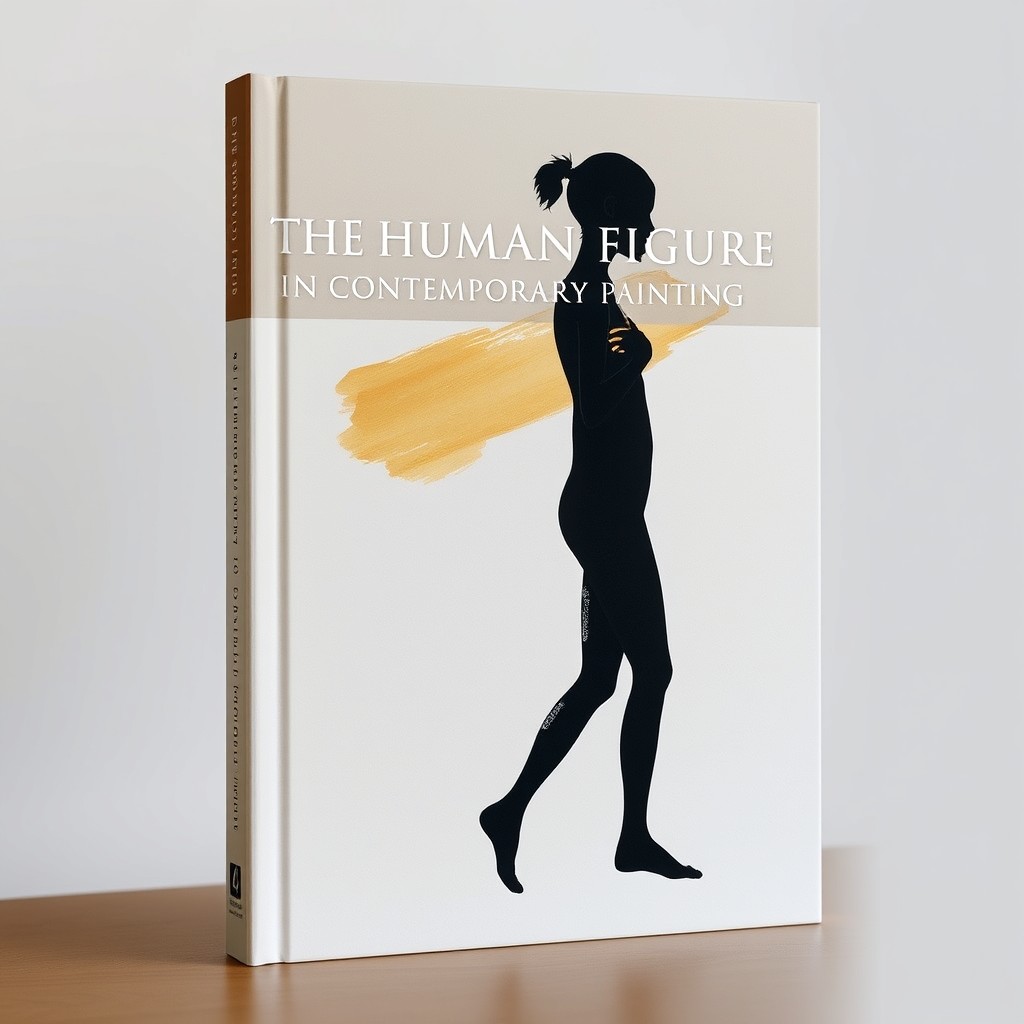 Minimalist elegant book cover design, abstract human silhouette, "The Human Figure in Contemporary Painting" title, subtitle "An exploration of corporality in 21st century art", neutral color palette with warm accents, subtle brush stroke textures, clean professional layout, high detail, sharp focus, trending on ArtStation.