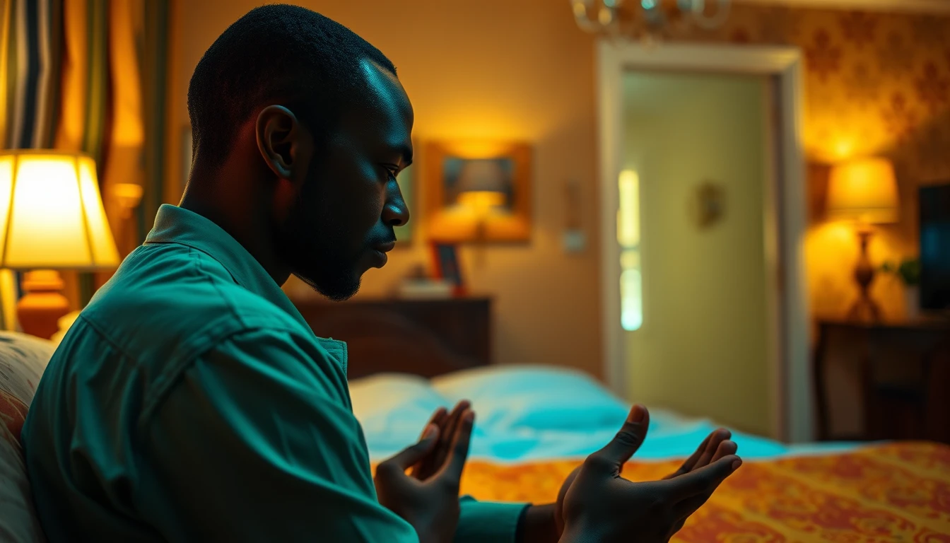 Portrait | shot from the side, Rwandan man praying beside the bed, | glowing ::8 background | fancy apartment, vivid, blue, green, orange ::7 parameters | rule of thirds, golden ratio, photorealism, cinematic realism, 8k ::7