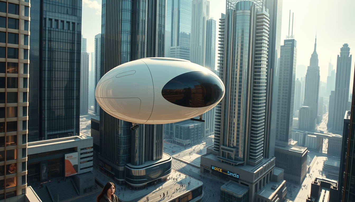 Create a high-resolution image of a breathtaking futuristic city. The skyline should be filled with towering skyscrapers. Include a light-colored elliptical balloon-type robot hurtling through the air with tiny black balancers on either side of the balloon. The balloon-shaped robot should have a bird's eye view of the city. The streets should be bustling with people, featuring Asian faces and individuals wearing fashion-forward attire. Focus on the small balloon-shaped robot as it performs its rounds in the sky, with beautiful sunlight reflecting off the glass surfaces of the buildings, creating an atmosphere of excitement and technological innovation. Very sharp and realistic details, 32K.