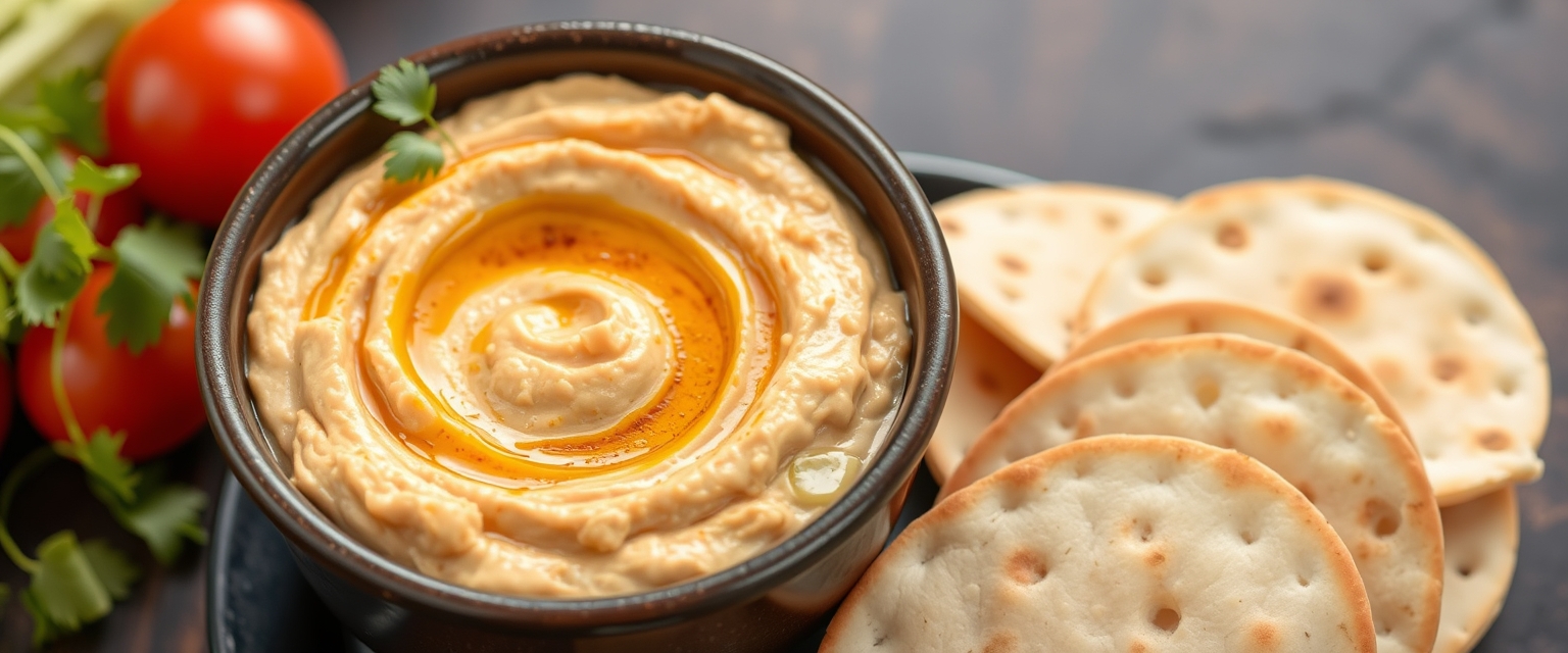 Bowl of creamy hummus with pita bread, representing Middle Eastern cuisine. - Image