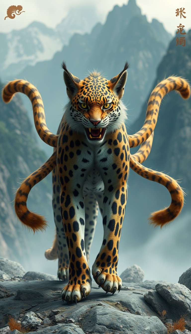 (Ultra realistic) a rare monster that has the head of a wildcat, a leopard's body pattern, and five lion tails, with a background of Chinese mountains. - Image