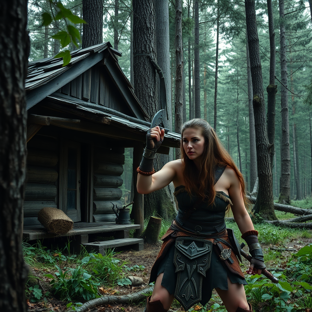 Real-life photography: In the forest, a female barbarian encounters danger next to a wooden cabin.