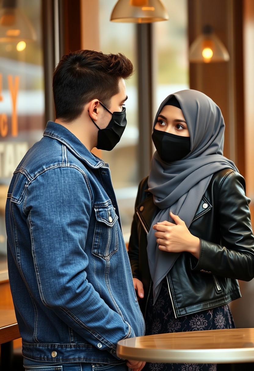 Jamie Dornan's head and body shot, handsome, face mask black, blue jeans jacket, jeans, dating, love couple with grey hijab Muslim girl, beautiful eyes, face mask black, black leather jacket, biggest pattern skirt, talking at cafe, photorealistic. - Image