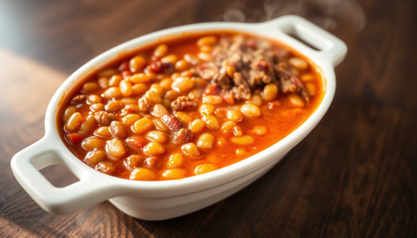 Steaming Hot Baked Beans in a White Dish on a Wooden Table - Image