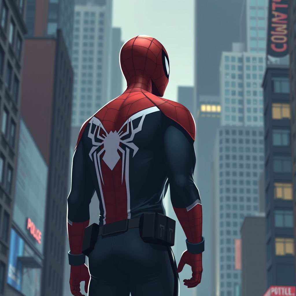 Spiderman como oficial de policía, renderizado en 2D, vista completa del cuerpo, fondo de ciudad.