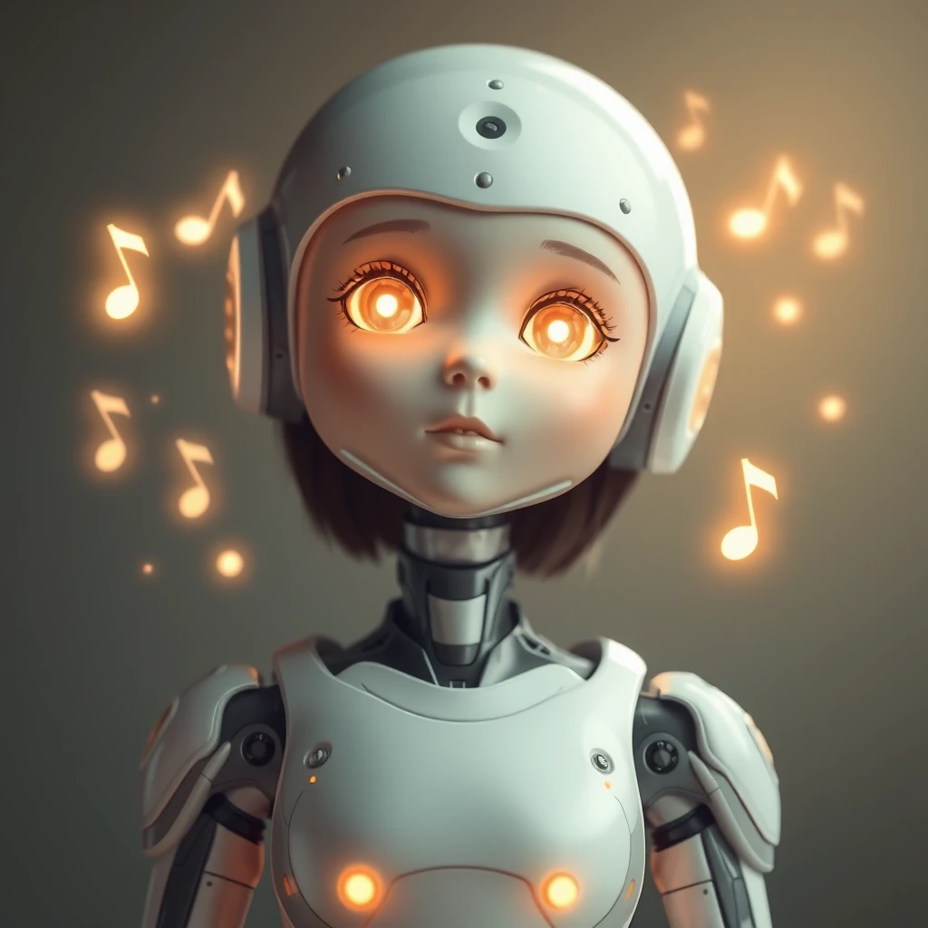 A young feminine humanoid designed to nurture and comfort those around her. She clearly looks like a female human but is actually a robot. With a smooth, rounded body and glowing warm eyes, she exudes a serene and caring presence. Soft, glowing musical notes float around her, embodying the lullabies she hums while her futuristic yet cozy outfit adds to her inviting appearance. - Image